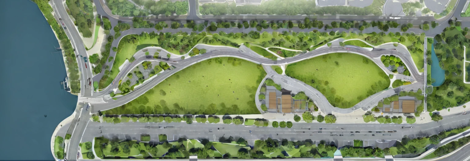 ((Site Plan)), (masterpiece),(high quality), best quality, epic realistic,,(realistic), super detailed, (full detail),(4k),8k,scenery, , tree, river, road,car,parking slot, park, , no shadow, cinematic, hdr,