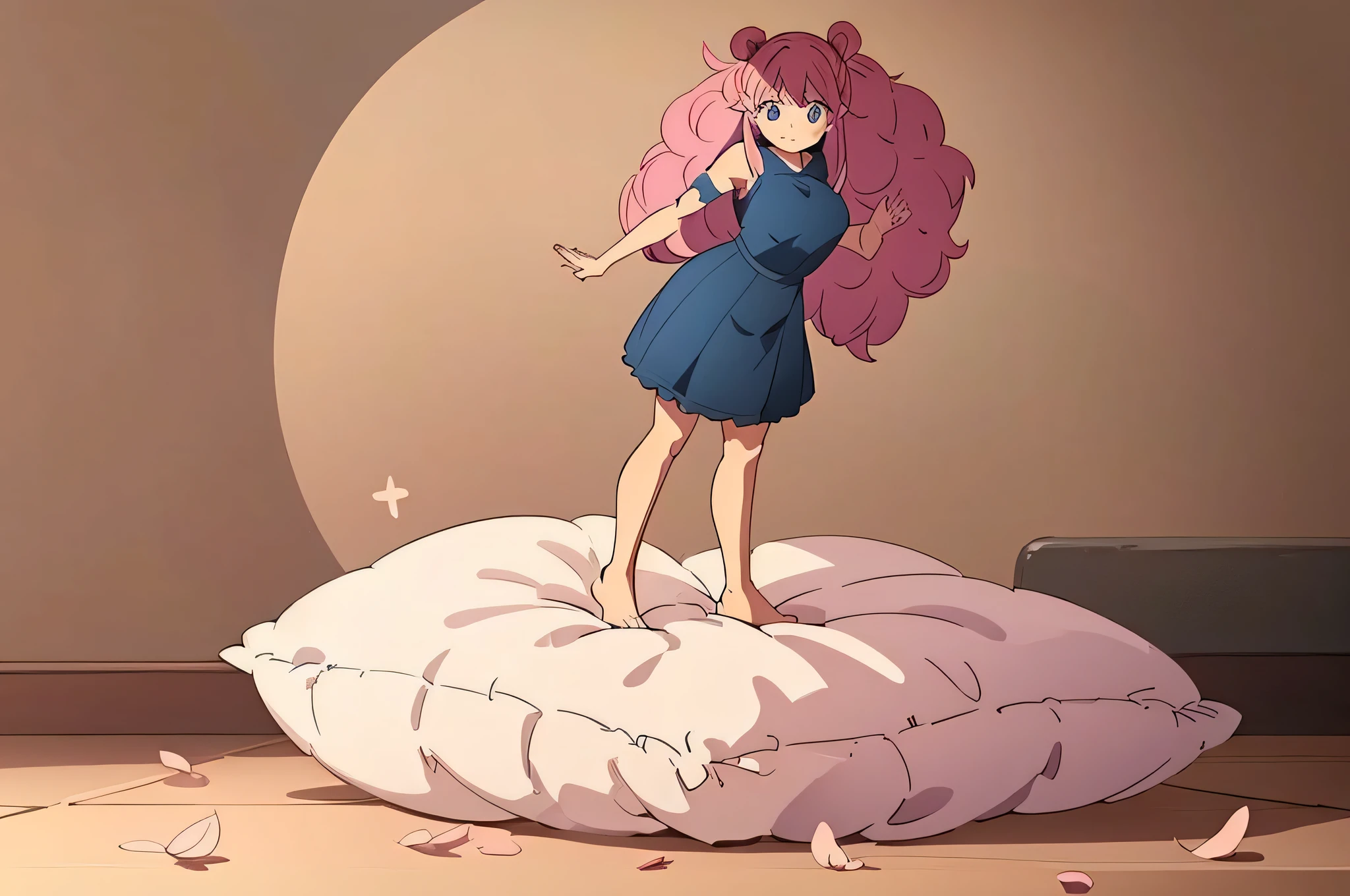 (best quality， masterpiece) , details, (Light and shadow oxtail) , Cute girl posing on pillow ，Pillow, Upholstered，Soft pillow quotation，（Pillow），The love surrounding the protagonist，steam，Luxury Pillow），（Gorgeous pattern pillow），luxurious pillow，（bedroom ）, standing,（Love around the protagonist），（pillow）, long hair, frilled pillow , ((pink pillow))  , 1 pillow, standing on top of pillow, on pillow, big pillow, pillow damage, stomping pillow, stomping, pillow on floor, stepping on pillow, posing on top pillow, full body, pillow on floor, (((pink hair))), feathers