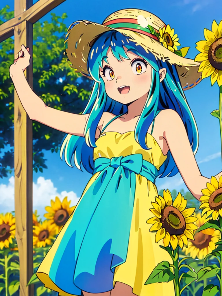 (masterpiece、Highest quality)、1 Girl、Lum, Yellow dress, White straw hat、 Hold the hat in your hand、Squint your eyes and laugh、 Laughing with your mouth open、 Sunflower field、Are standing、 From below、 Gaze Here、 High definition