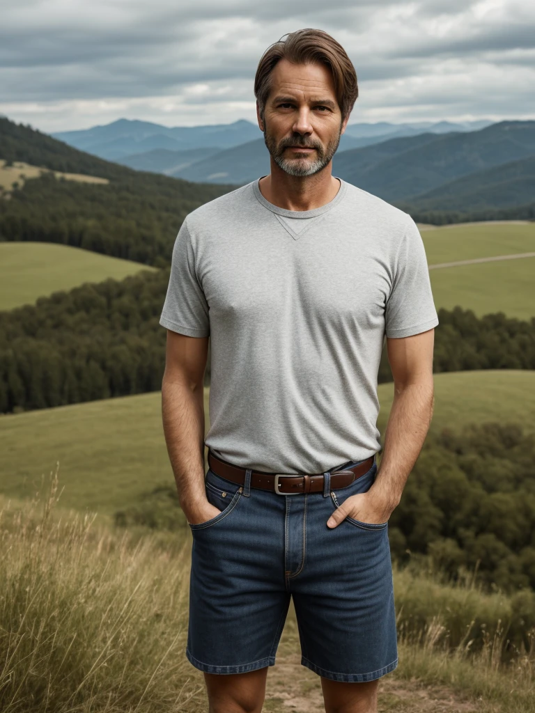 A man, brown hair, short, 45 years old in beautiful landscape, realistic shape