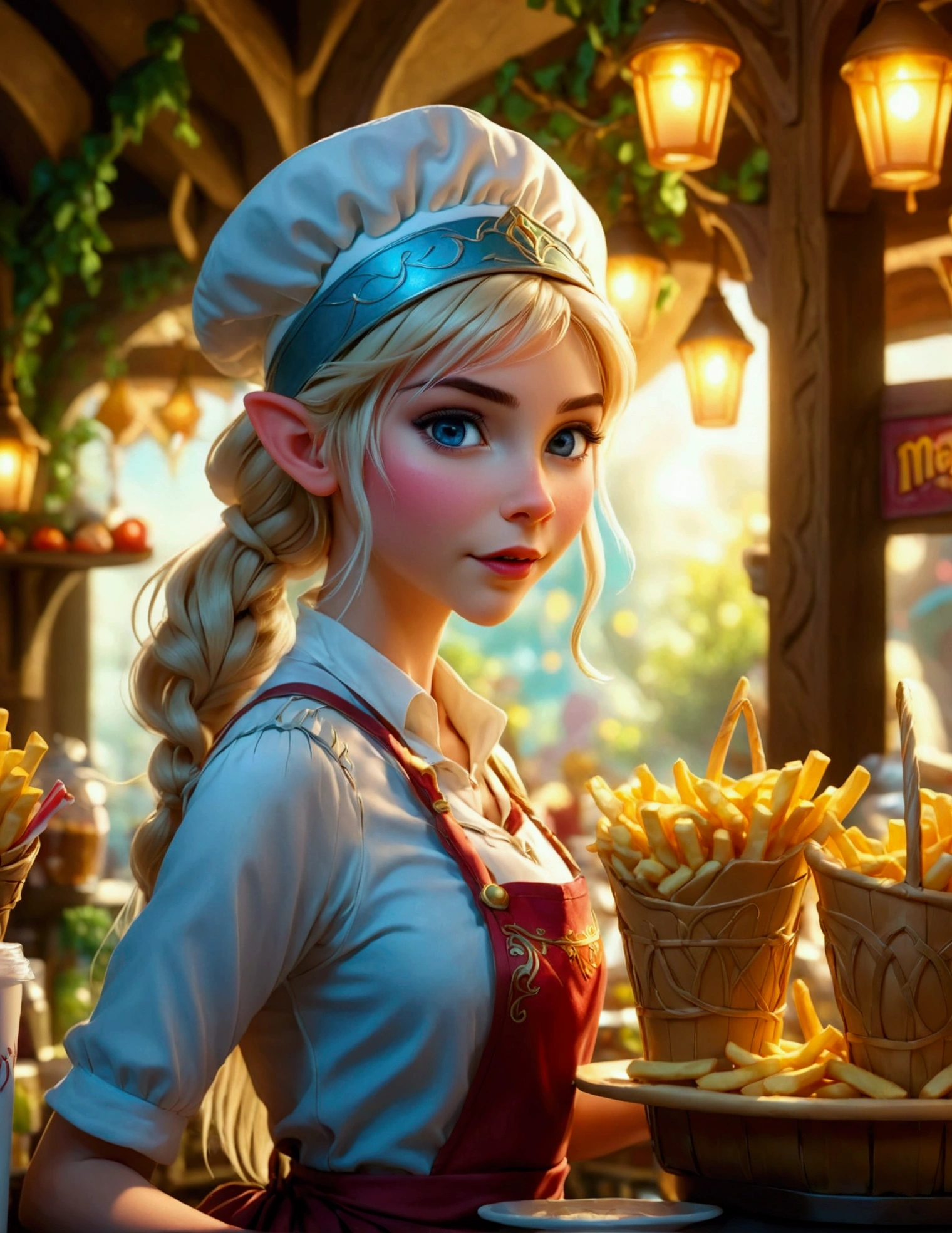 A beautiful elven princess working as a fast food server at Merlin's, wearing an apron and cap, serving magic milkshakes and baskets of fries, high fantasy, extremely detailed, intricate details, photorealistic, 8k, dramatic lighting, vivid colors, cinematic composition, fantasy elements, fantasy food, fantasy restaurant interior
