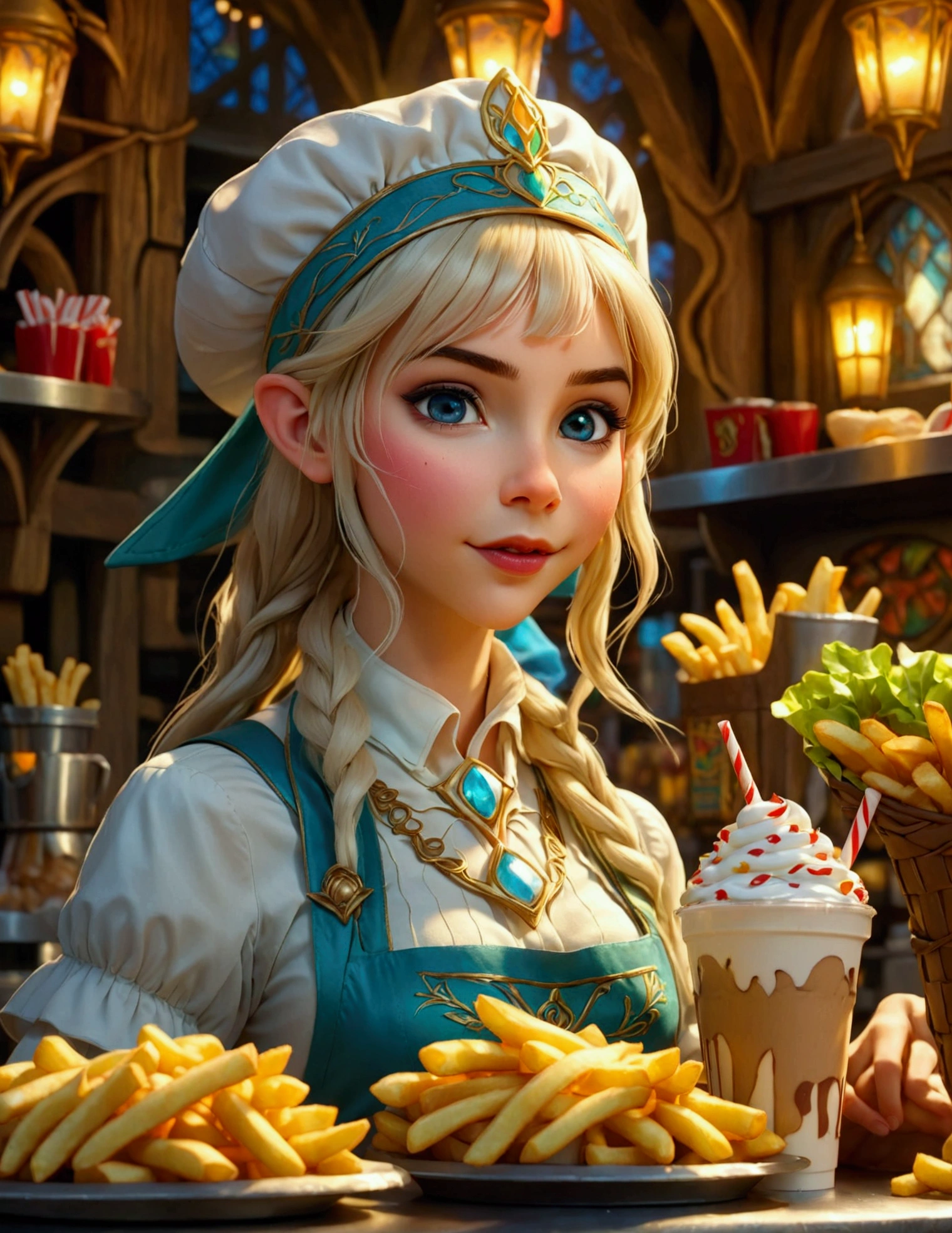 A beautiful elven princess working as a fast food server at Merlin's, wearing an apron and cap, serving magic milkshakes and baskets of fries, high fantasy, extremely detailed, intricate details, photorealistic, 8k, dramatic lighting, vivid colors, cinematic composition, fantasy elements, fantasy food, fantasy restaurant interior
