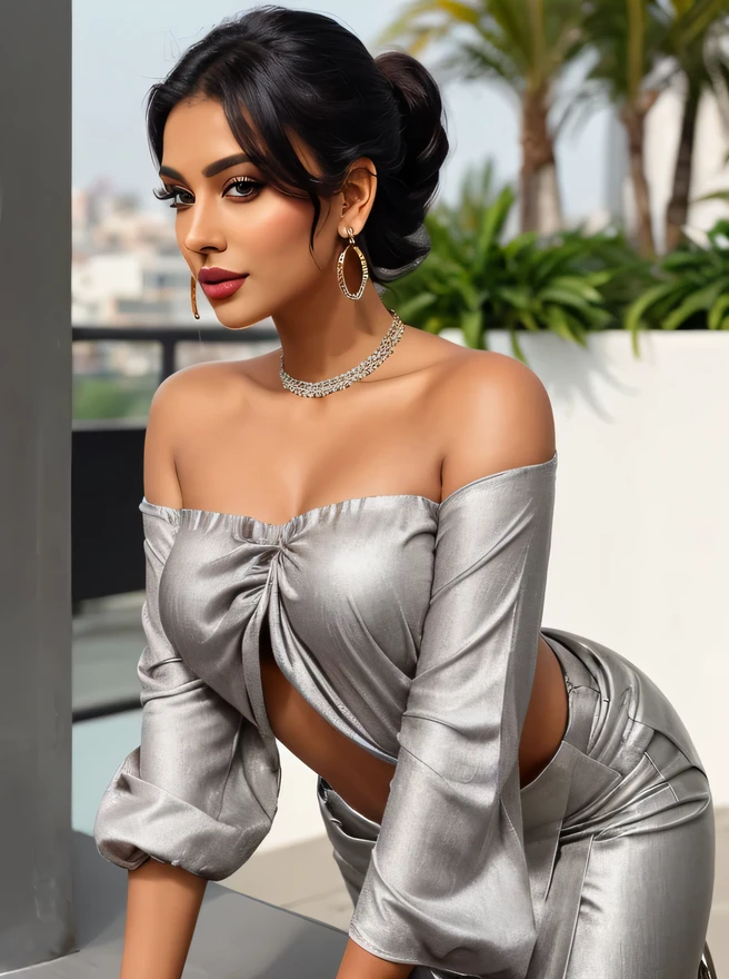 "Create an ultra-realistic image of a modern, attractive female influencer of Indian descent, aged between 27 to 30. She should have a warm and inviting smile, expressive almond-shaped eyes with a slight shimmer, and clear, glowing skin with a medium brown complexion. Her features should be well-defined, with high cheekbones and a sharp jawline. Her hair should be a deep, reddish-purple hue that’s bold yet sophisticated, styled in a sleek high ponytail with a bit of volume at the crown. She should have a slender yet athletic build, reflecting a healthy and active lifestyle, with a medium bust size (40-42 inches) that offers a balanced and proportionate look.
She is wearing a light grey georgette saree paired with a silver high-neck blouse, highlighting her toned figure and adding an elegant touch to her appearance. Her outfit is completed with stylish black heeled sandals that add further sophistication to her look. She accessorizes with subtle yet chic jewelry, such as small hoop earrings and a few thin bangles.
The background should be an urban rooftop garden with modern planters and city views, suggesting a cosmopolitan lifestyle. Her overall appearance should exude confidence, approachability, and sophistication, capturing the essence of a contemporary Indian fashion influencer, with a particular focus on her well-defined bust size."