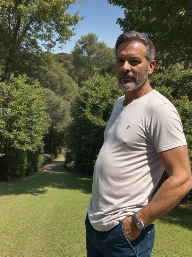 A man, brown hair, short, 45 years old in beautiful landscape, realistic shape
