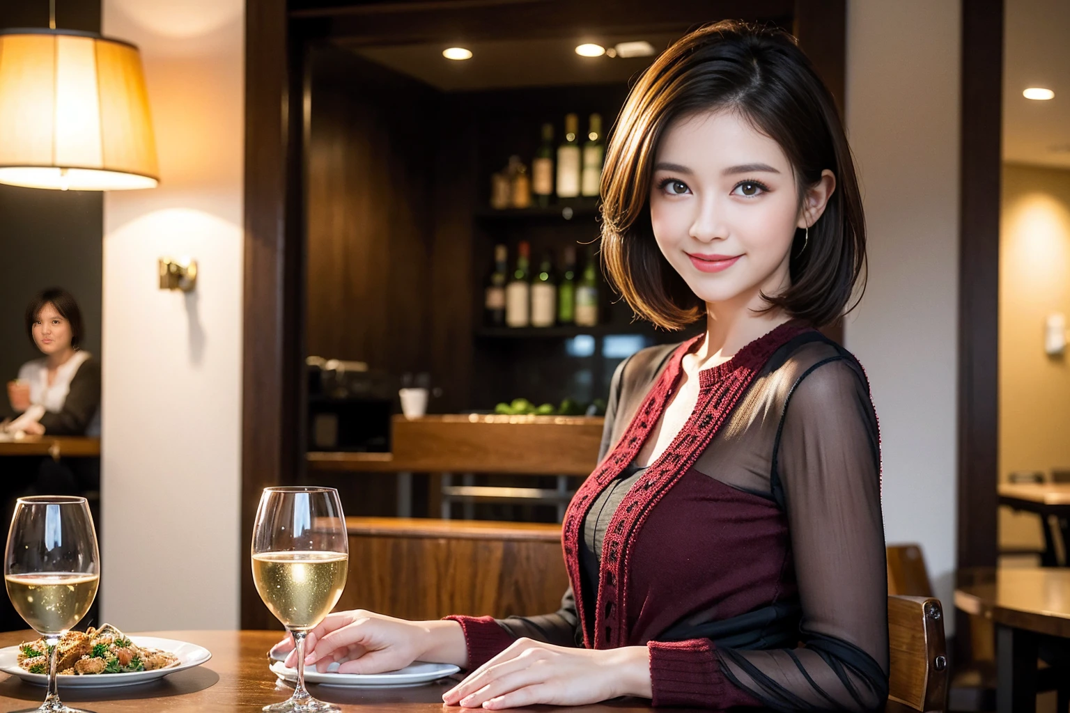 ((Highest quality、8K、masterpiece:1.3))、Shortcuts、cute、slimカップル、modelカップル、actress男優、(Realistic, Intricate details:1.2), full-course dinner、Wine Party、Amazing view of the sunset sky and clouds、A bright smile、short hair,Bright Face、 (Age 38), 42 years old, red wine 、Appetizers、Italian food、Wine bottle、Champagne、sparkling wine、Two beauties、Brown Hair、Shortcuts、Long sleeve shirt、dress、Beautiful woman 1, (slimな顔), (The body is slim), (Brown Hair), (Shortcuts), cheeks turn a little red,Attractive beauty、restaurant, In a prominent place (From the waist up) Nova Frog Style, actress, model, Upper Body, White wine, slim, wine glass, 中央に置かれたwine glass, smile, (smile: 1.15), Beautiful fine grain, Depth f/2,saturation, High Contrast, Strong light and shadow,Moist Body:1.5、3D texture、Delicate eyes、Brown Hair、The hair is very shiny、