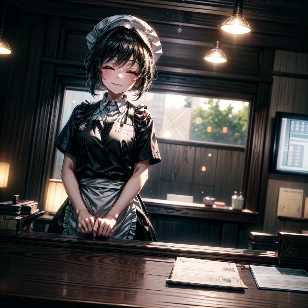 masterpiece, best quality, extremely detailed CG unity 8k wallpaper, Fast food restaurant clerk girl, close your eyes, smile, Apron appearance, Wearing a hat, Receptionist at the cash register, Octane Rendering Style, Overall particle light, Bokeh