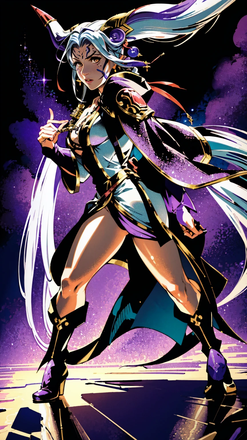 masterpiece, hyperrealistic, best quality, full body image, combat stance, (ultimecia from ffviii), horns, facial markings, white hair, time sorceress ultimecia's dress, purple magical energy around her