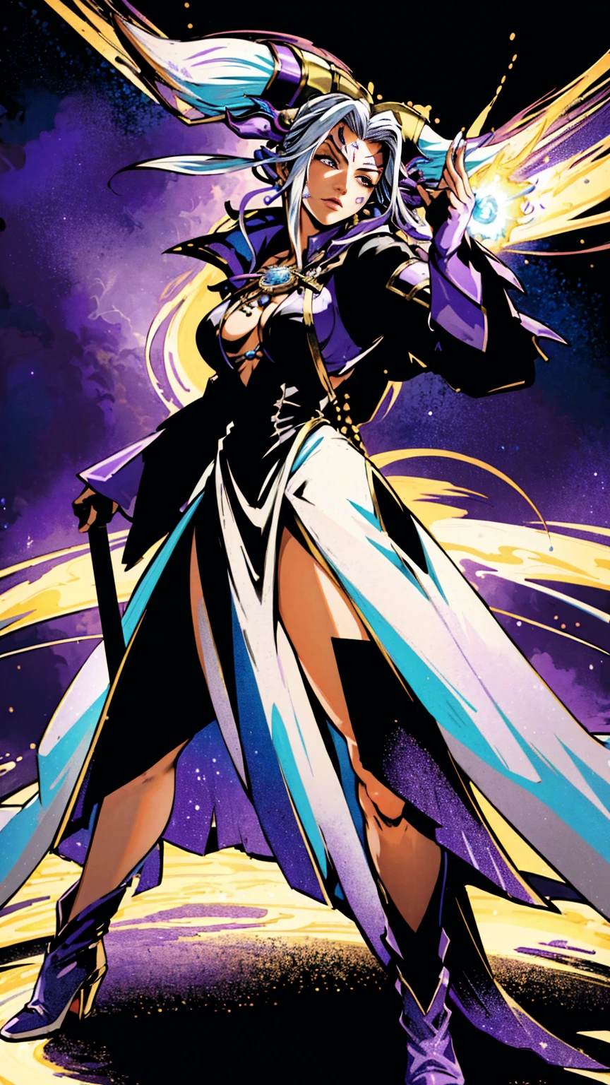 masterpiece, hyperrealistic, best quality, full body image, combat stance, (ultimecia from ffviii), horns, facial markings, white hair, time sorceress ultimecia's dress, purple magical energy around her