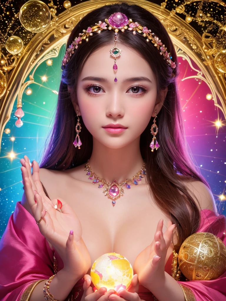 Shining young woman decorated with various gems, holding one huge crystal ball in the center with both hands, staring straight into the camera, very bright colors in the center, light particles, glowing, Musib, wallpaper art, UHD wallpaper, background pink, divination to meditate, mysterious