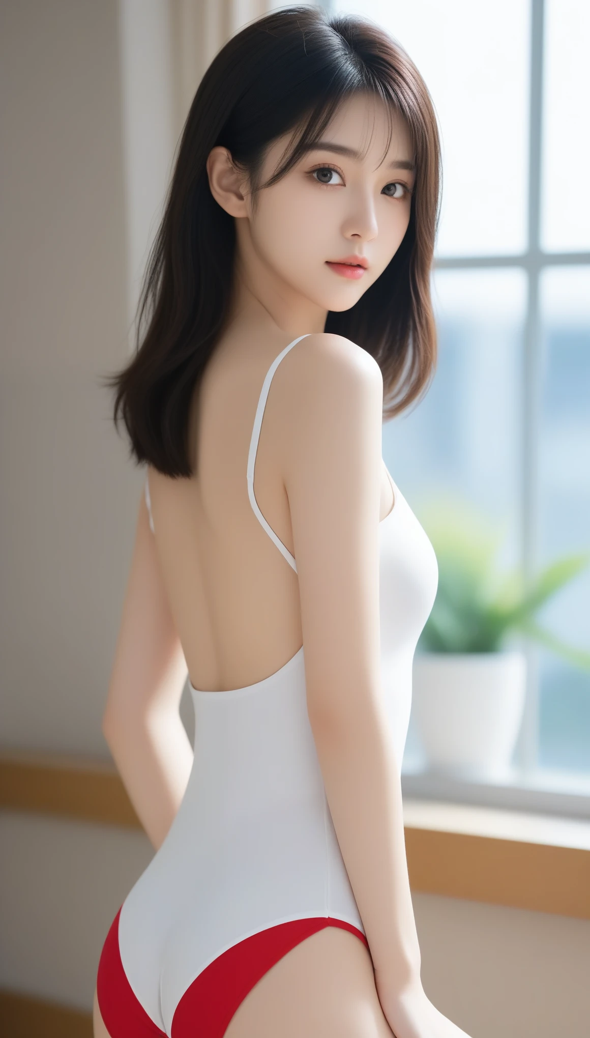 8K, Ultra-high resolution, Highest quality, masterpiece, 三分割法によるphotograph,Surreal, photograph, 1 Girl, (:1.3), pretty girl, Cute face, Beautiful eyes in every detail, 細かくdetailedに,masterpiece,One Girl:1.2, Japan Female Announcer, whole body,blank expression,Black Hair,Bob with bangs,Rhythmic Gymnastics,leotard,(High leg cut), gym,from behind,Captivating ass,Delicate and smooth skin, Realistic Skin, Perfect and beautiful face ,完璧でCute face, Skin with attention to detail, Perfect limbs、Narrow waist、Thin legs)、Browsing Caution,Beautiful leg line beauty,Looking at the audience、beauty,Long neck、(((Ideal body type))),A cup small breasts :2,、Portraiture:2、Perfect Anatomy、鮮明なdetailed、detailed、Surreal、Light and shadow,Strong light