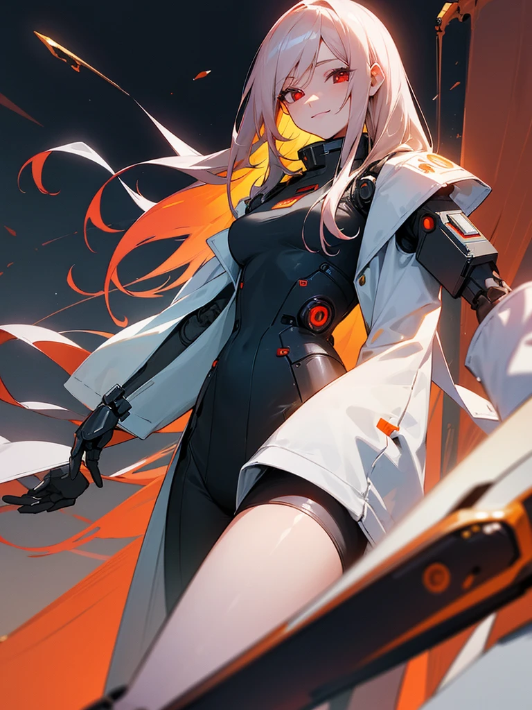 1 robot girl, android, robot style fingers, robot style legs, humanized android, looks perfectly like human being, beautiful girl, wearing scientist clothes, white coat, rose gold hair, shoulder length hair, straight hair, fiery red eyes, smiling mysteriously, looking at the viewer, apocalyptic science fiction sensation, posing scientist pose, with apocalypse background, falling buildings, sci-fi sensation, robotic background, scientific background