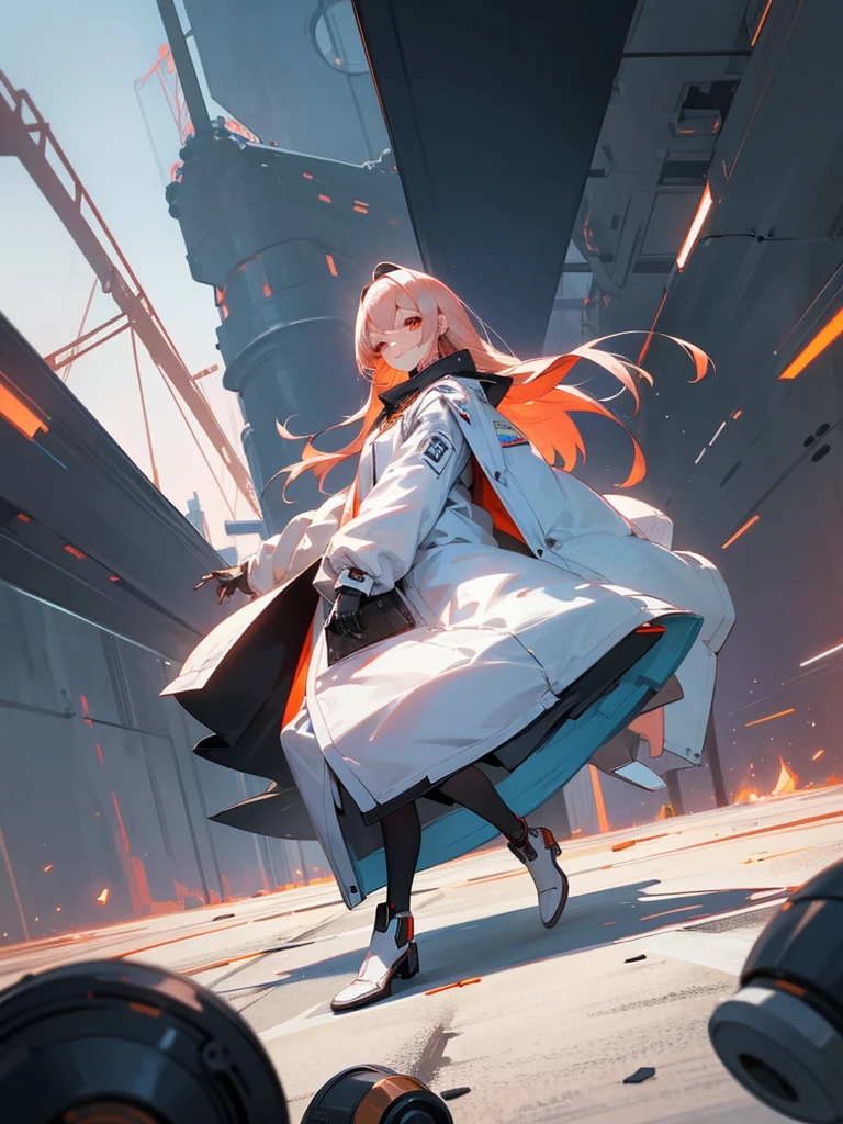 1 robot girl, android, robot style fingers, robot style legs, humanized android, looks perfectly like human being, beautiful girl, wearing scientist clothes, white coat, rose gold hair, shoulder length hair, straight hair, fiery red eyes, smiling mysteriously, looking at the viewer, apocalyptic science fiction sensation, posing scientist pose, with apocalypse background, falling buildings, sci-fi sensation, robotic background, scientific background