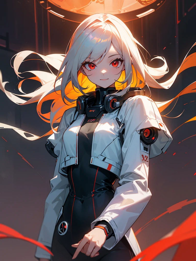 1 robot girl, android, robot style fingers, robot style legs, humanized android, looks perfectly like human being, beautiful girl, wearing scientist clothes, white coat, rose gold hair, shoulder length hair, straight hair, fiery red eyes, smiling mysteriously, looking at the viewer, apocalyptic science fiction sensation, posing scientist pose, with apocalypse background, falling buildings, sci-fi sensation, robotic background, scientific background