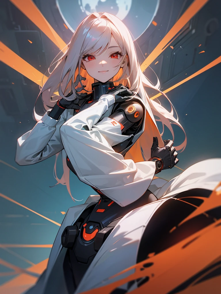 1 robot girl, android, robot style fingers, robot style legs, humanized android, looks perfectly like human being, beautiful girl, wearing scientist clothes, white coat, rose gold hair, shoulder length hair, straight hair, fiery red eyes, smiling mysteriously, looking at the viewer, apocalyptic science fiction sensation, posing scientist pose, with apocalypse background, falling buildings, sci-fi sensation, robotic background, scientific background