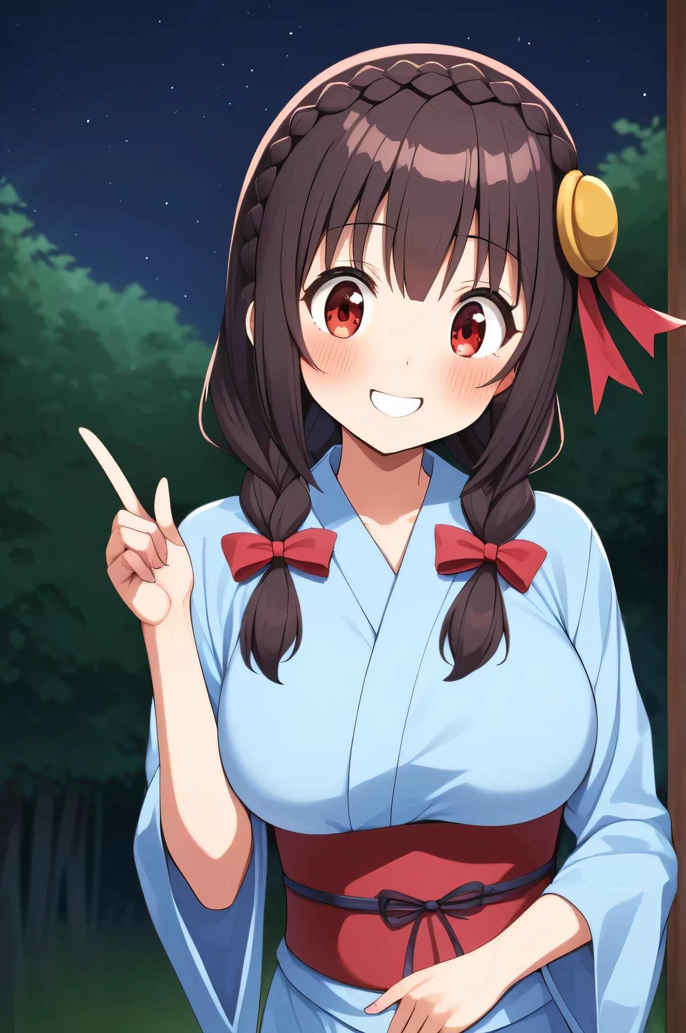 alone, One girl、Crown braids in the same color as your hair, hair ornaments, Hair Ribbon,(A light blue kimono with a red floral pattern and a red obi.)、Red Eyes、Black Hair、(blush:1.4)、(Surprised smile:1.6)、Larger breasts、(I see a lot of fireflies at night)