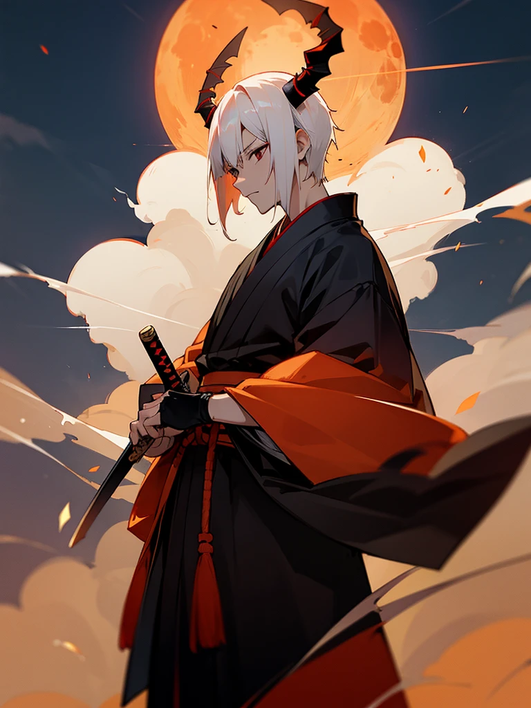 Japanese sword, black eyes, demon horns, short white hair, ninja costume, torii gate, man, full moon, fang halo