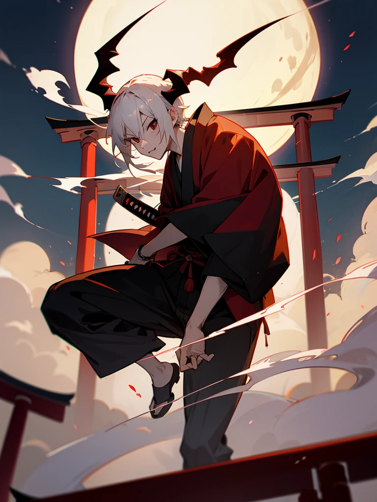 Japanese sword, black eyes, demon horns, short white hair, ninja costume, torii gate, man, full moon, fang halo