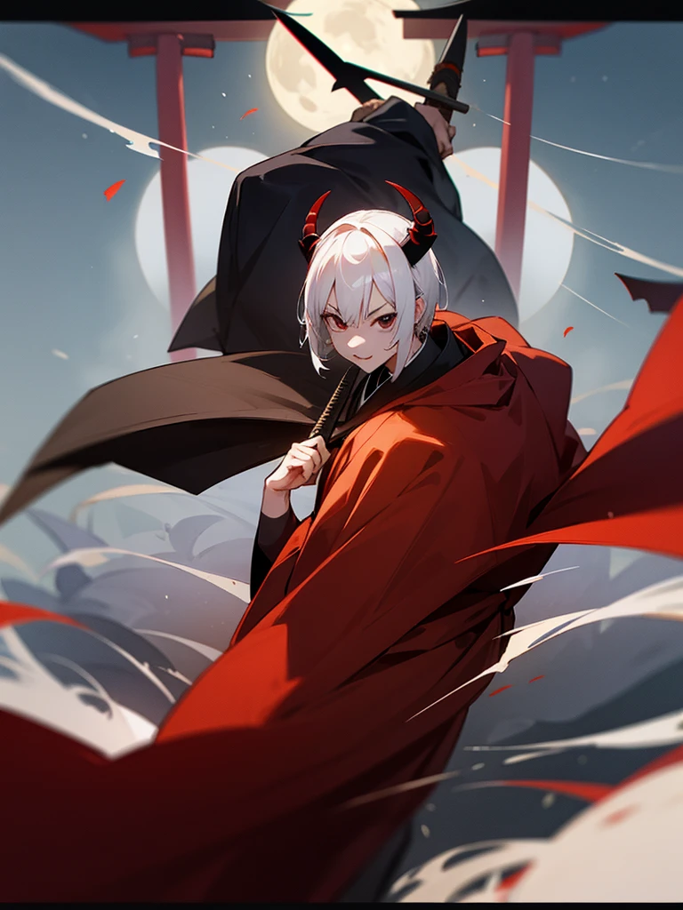 Japanese sword, black eyes, demon horns, short white hair, ninja costume, torii gate, man, full moon, fang halo