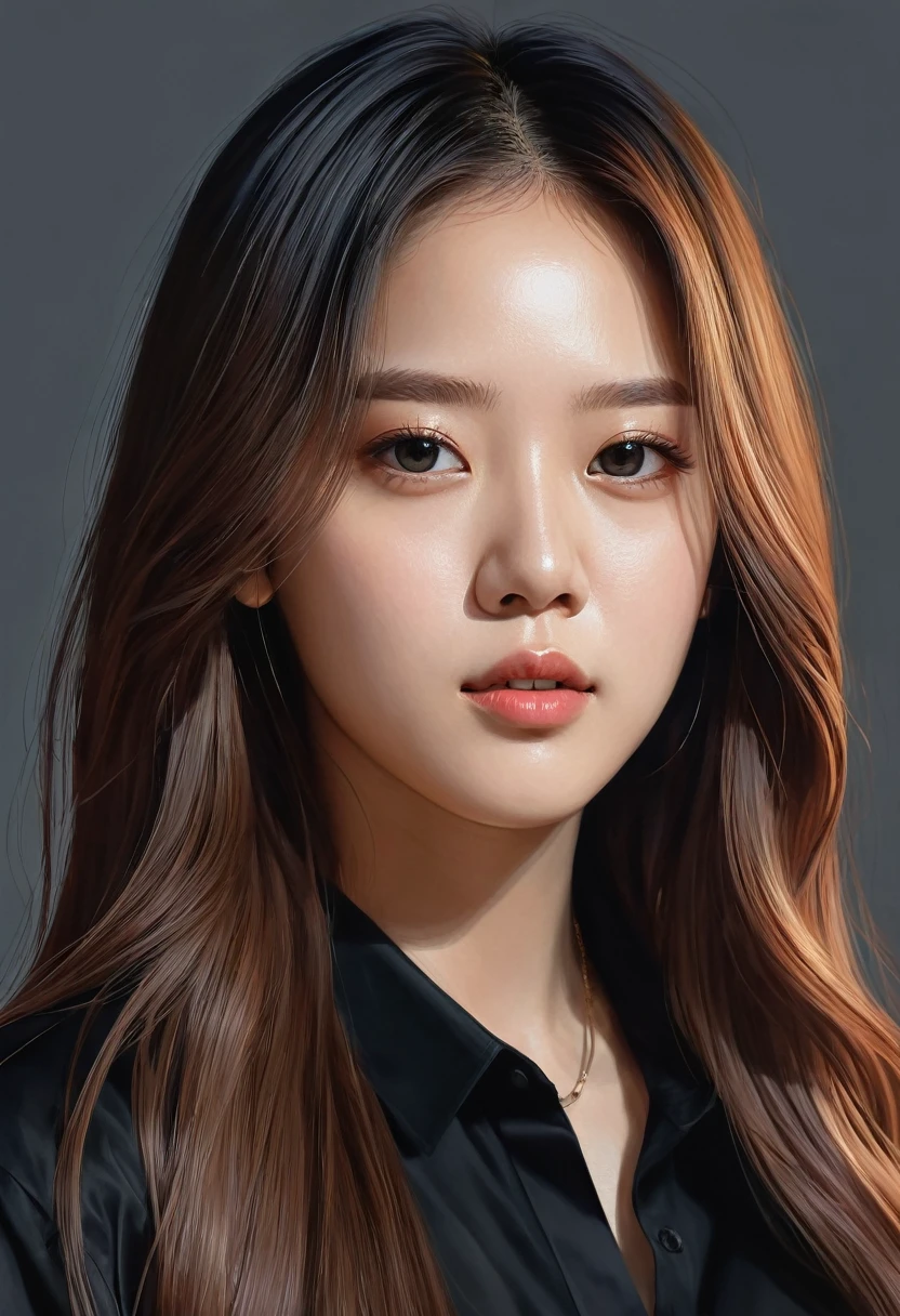 Portrait of a woman with long hair and a black shirt, Digital illustration, In the style of potter art, Picture of Josey from Blackpink, Digital Image, digital art portrait, Realism is an artistic style, High quality image, 🤤 Picture of a girl, Realistic art style, # 1 digital painting of all time, #1 digital painting of all time, Glossy digital panel