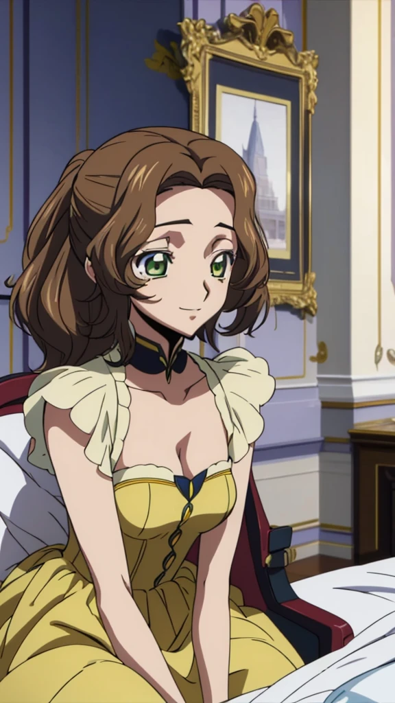 Score_9, score_8, score_7, code Geass_anime, Anastasia lamperough, brown hair and green eyes, low ponytail hair, yellow dress, smile, cute, castle, room, dusk, best quality, masterpiece+