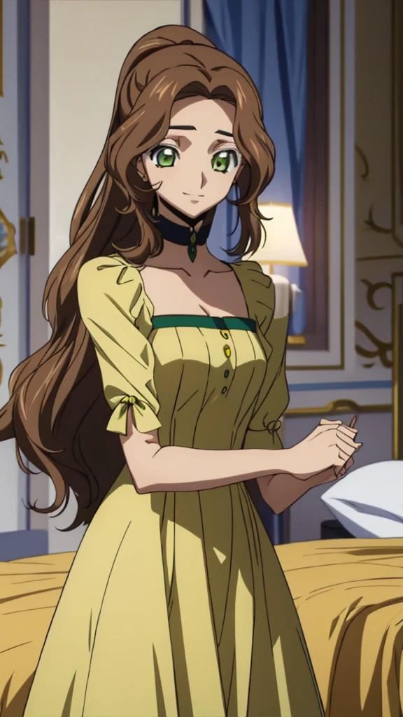 Score_9, score_8, score_7, code Geass_anime, Anastasia lamperough, brown hair and green eyes, low ponytail hair, yellow dress, smile, cute, castle, room, dusk, best quality, masterpiece+