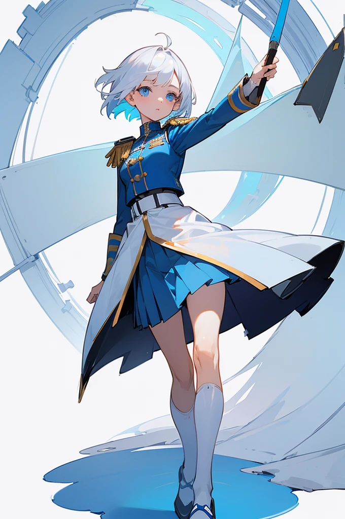 ((masterpiece)), (((best quality))), 1girl, white hair, short hair, blue eyes, adventurer, full body, standing upright (white and blue military uniform, center part white, outer part blue, symetrical, no frills), short pleated skirt, thin sword of light, white background, very detailed eyes, detailed face, 