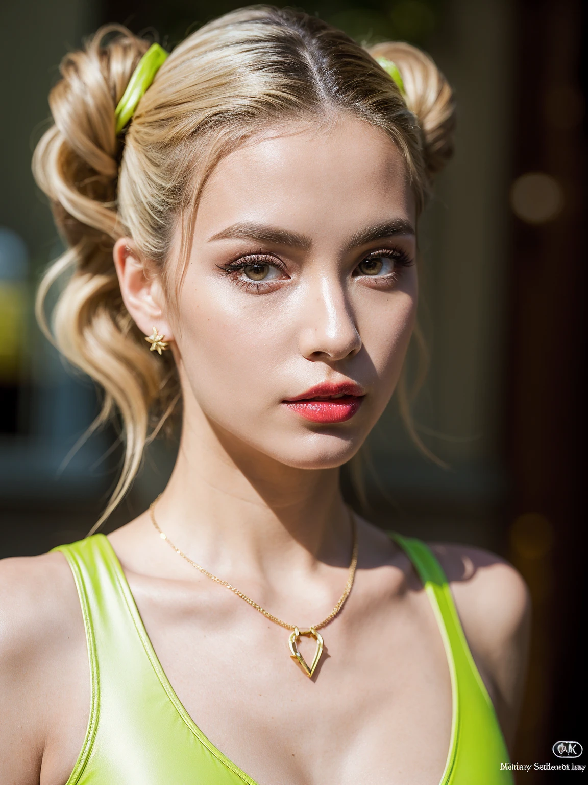 Here's the photorealistic masterpiece you requested: A close-up portrait of an extremely sexy Italian woman, dressed in a stunning lime green latex cheongsam and hyper-puffy yellow chain swimwear, with twintails blonde hair tied up in an intricate updo hairstyle. Her huge breasts are showcased perfectly as she gazes directly at the viewer with her piercing blue eyes, complete with eyeliner and painted lips. She's adorned with gold jewelry and has a fresh, very clean appearance. The lighting is cinematic, with dynamic shadows and a deep sense of intimacy. The background is blurred out to focus solely on the model's upper body, showcasing every detail in high-resolution 32k clarity.