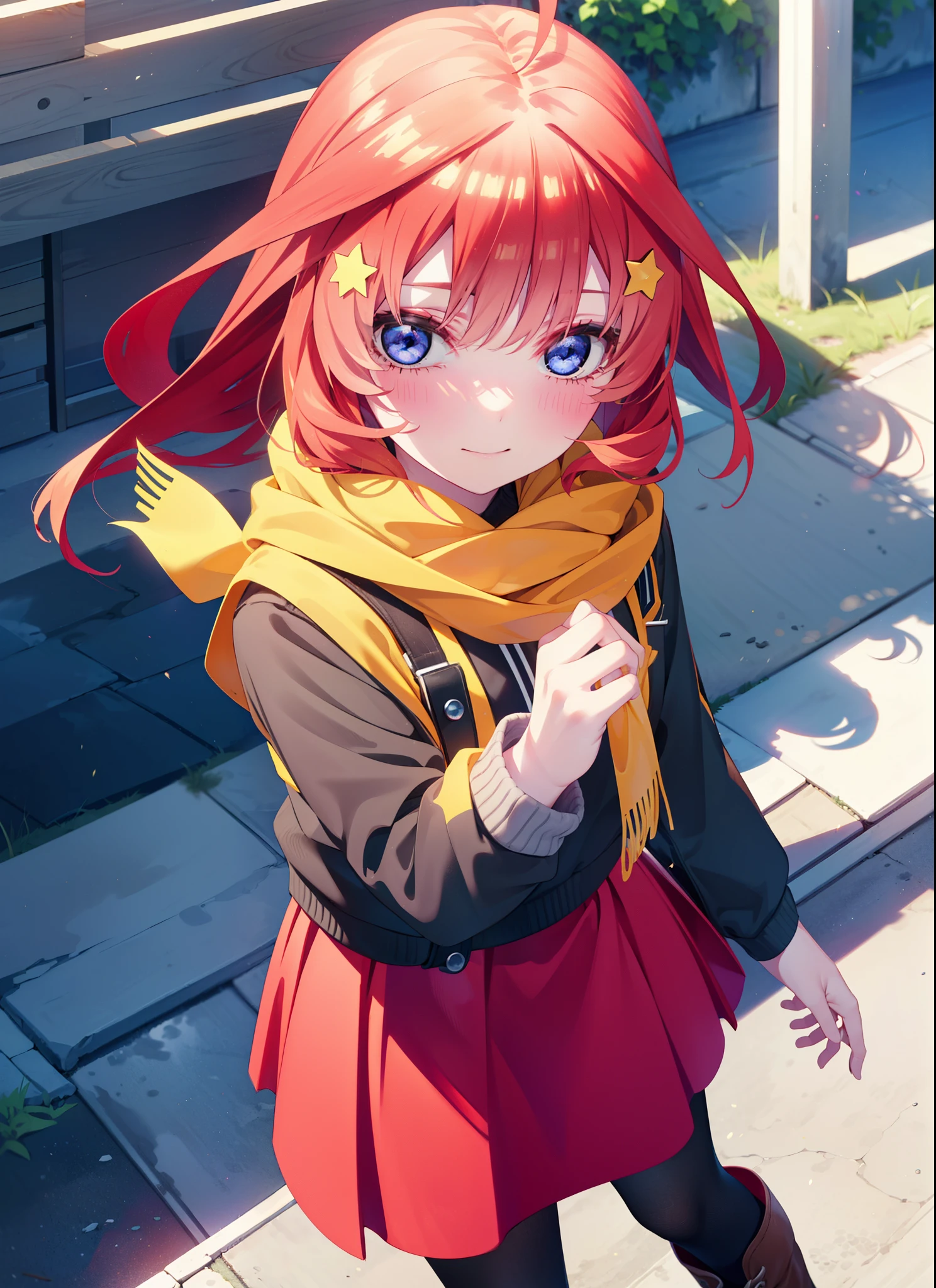 itsukinakano, itsuki nakano, bangs, blue eyes, Hair between the eyes, Ahoge, Redhead, star \(symbol\), hair ornaments, star hair ornaments,smile,Yellow scarf,red coat,White Tokkuri Sweater,Black long skirt,Black pantyhose,short boots,blush,White Breath,Close your mouth,It&#39;s snowing,It&#39;s snowing,Shirogane World,Walking,whole bodyがイラストに入るように,
break outdoors, 
break looking at viewer, whole body,
break (masterpiece:1.2), Highest quality, High resolution, unity 8k wallpaper, (figure:0.8), (Beautiful attention to detail:1.6), Highly detailed face, Perfect lighting, Highly detailed CG, (Perfect hands, Perfect Anatomy),