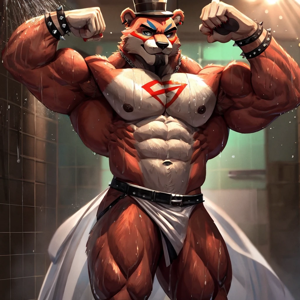 Glamrock overly muscular adult Freddy wears a small white towel on his waist wet coming out of the shower flexing his muscles with a self-assured sexy and flirtatious look