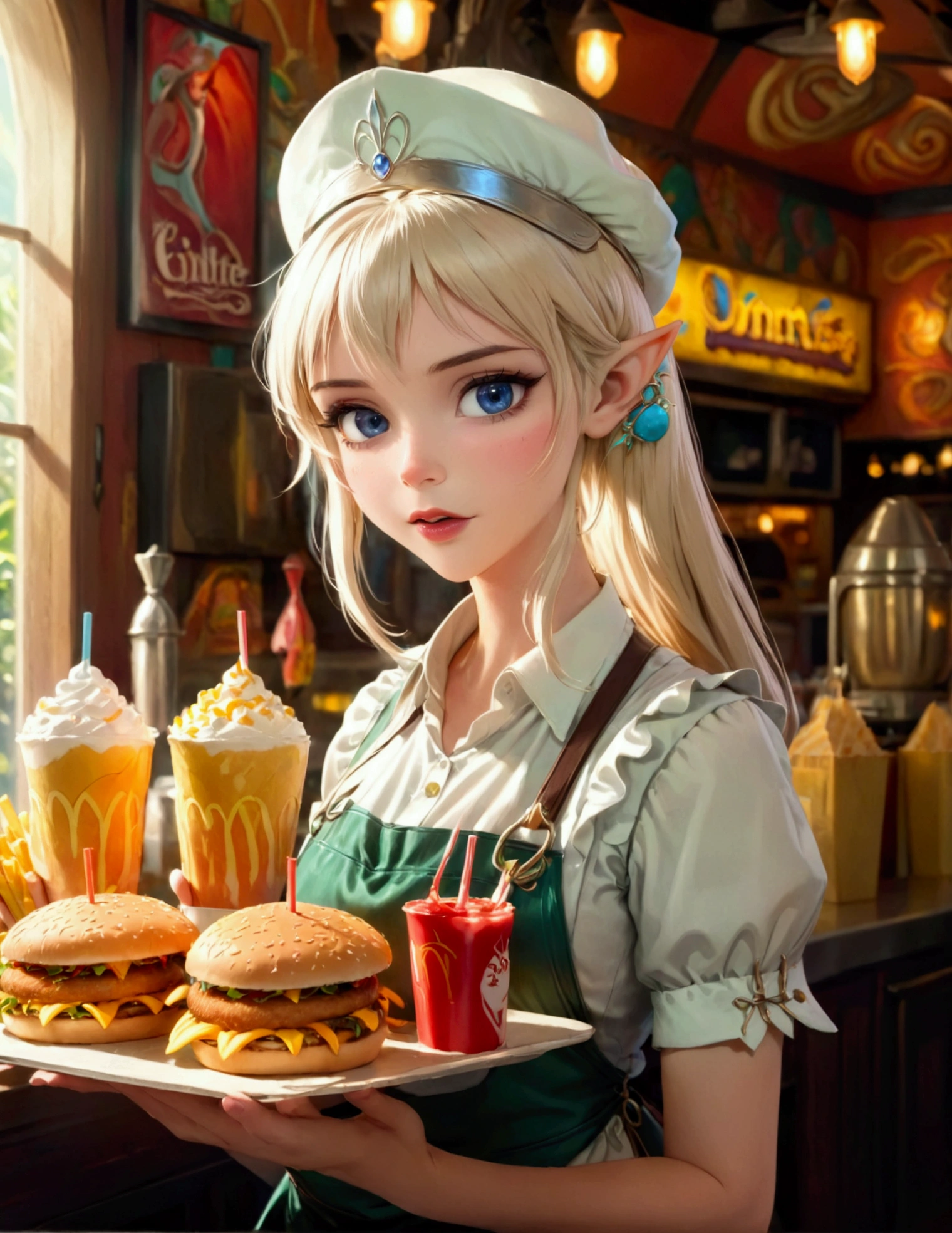 A beautiful elven princess working as a fast food server at Merlin's, wearing an apron and cap, serving magic milkshakes and baskets of fries, high fantasy, extremely detailed, intricate details, photorealistic, 8k, dramatic lighting, vivid colors, cinematic composition, fantasy elements, fantasy food, fantasy restaurant interior
