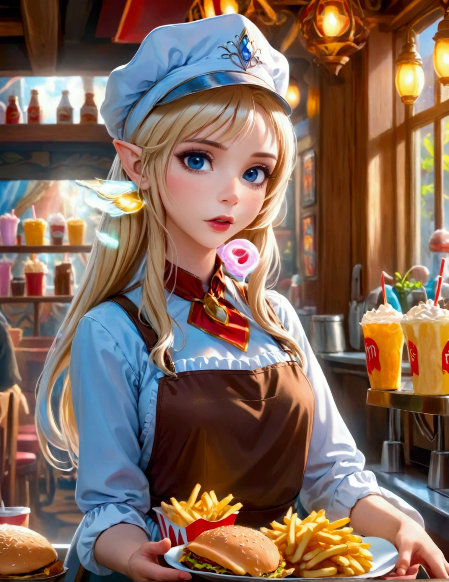 A beautiful elven princess working as a fast food server at Merlin's, wearing an apron and cap, serving magic milkshakes and baskets of fries, high fantasy, extremely detailed, intricate details, photorealistic, 8k, dramatic lighting, vivid colors, cinematic composition, fantasy elements, fantasy food, fantasy restaurant interior