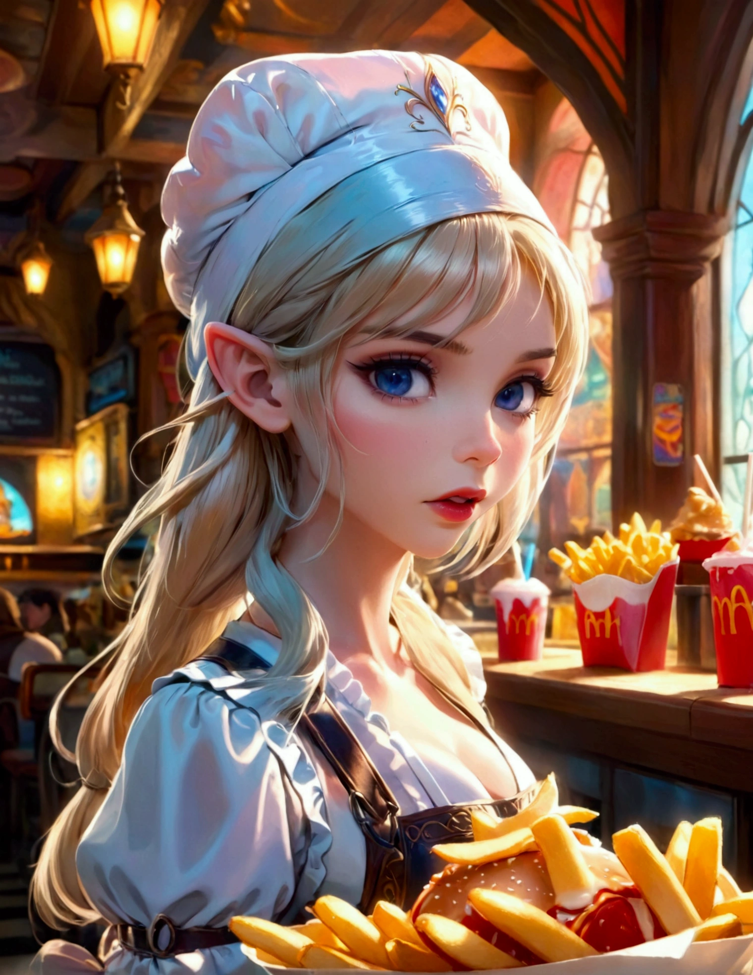 A beautiful elven princess working as a fast food server at Merlin's, wearing an apron and cap, serving magic milkshakes and baskets of fries, high fantasy, extremely detailed, intricate details, photorealistic, 8k, dramatic lighting, vivid colors, cinematic composition, fantasy elements, fantasy food, fantasy restaurant interior
