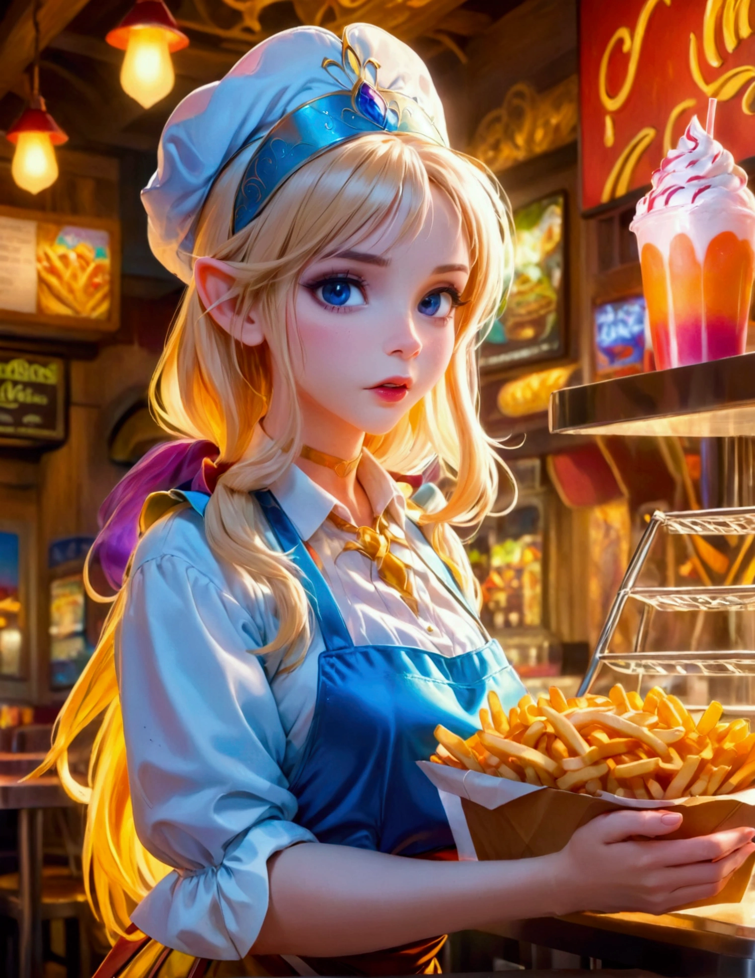A beautiful elven princess working as a fast food server at Merlin's, wearing an apron and cap, serving magic milkshakes and baskets of fries, high fantasy, extremely detailed, intricate details, photorealistic, 8k, dramatic lighting, vivid colors, cinematic composition, fantasy elements, fantasy food, fantasy restaurant interior
