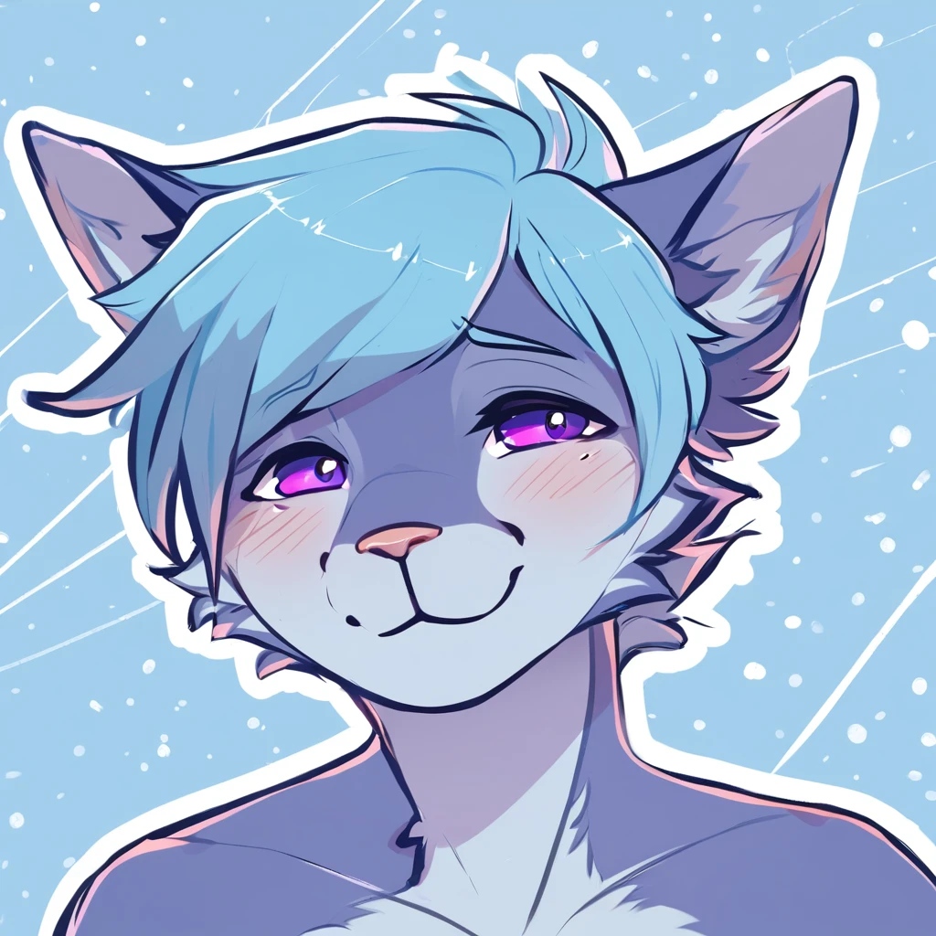 adult, feline, mammal, anthro, anthropomorphic, cat, striped, fur, striped_feline, fur, furred_anthro, femboy, male, light_blue chest cerulean_hair, fluffy, ears, azure_blue_ears, purple_eyes, cerulean_hair, expressive eyes, feline_ears, azure_blue_fur, light_blue_chest, shy, small_pupils, digital_art, high_resolution, high_res, hand-drawn, pencil_lines, head_visible, background, neck_visible, seductive_face, white_outline, profile_picture, head_visible, tail, blue_galaxy_background, galaxy, smiling