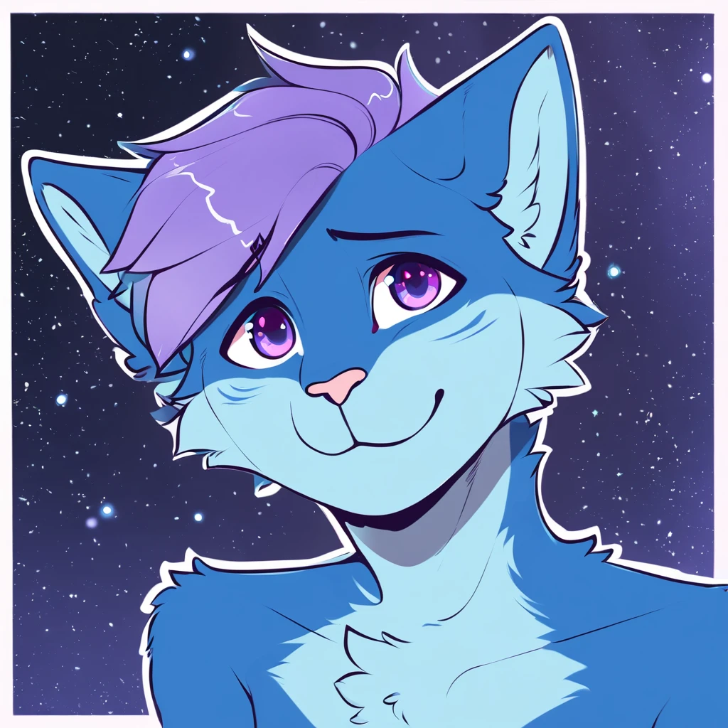 adult, feline, mammal, anthro, anthropomorphic, cat, striped, fur, striped_feline, fur, furred_anthro, femboy, male, light_blue chest cerulean_hair, fluffy, ears, azure_blue_ears, purple_eyes, cerulean_hair, expressive eyes, feline_ears, azure_blue_fur, light_blue_chest, shy, small_pupils, digital_art, high_resolution, high_res, hand-drawn, pencil_lines, head_visible, background, neck_visible, seductive_face, white_outline, profile_picture, head_visible, tail, blue_galaxy_background, galaxy, smiling