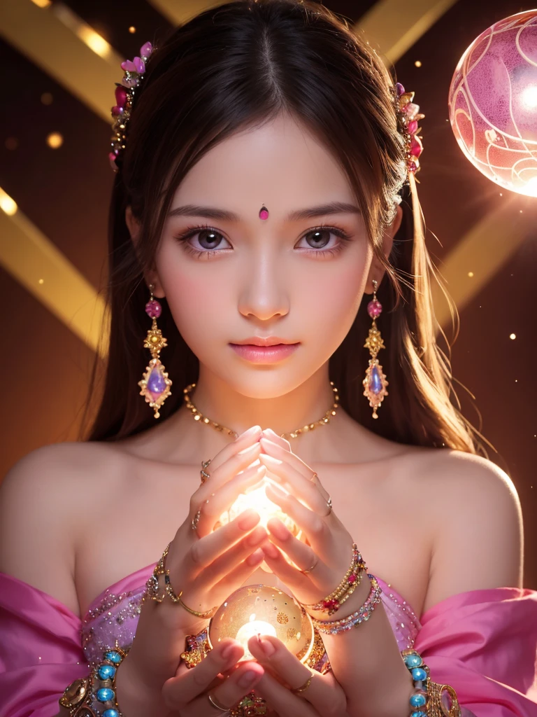 Shining young woman decorated with various gems, holding one huge crystal ball in the center with both hands, staring straight into the camera, very bright colors in the center, light particles, glowing, Musib, wallpaper art, UHD wallpaper, background pink, divination to meditate, mysterious
