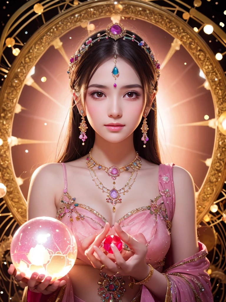 Shining young woman decorated with various gems, holding one huge crystal ball in the center with both hands, staring straight into the camera, very bright colors in the center, light particles, glowing, Musib, wallpaper art, UHD wallpaper, background pink, divination to meditate, mysterious