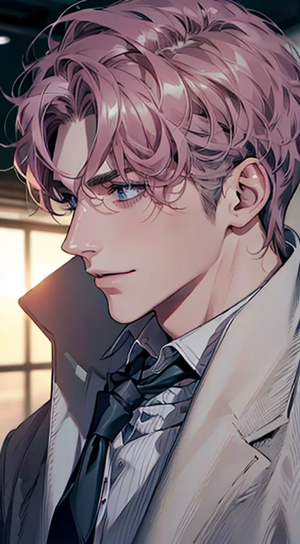 (Highest quality,4K,8K,High resolution,masterpiece:1.2),Super detailed,(Realistic,photoRealistic,photo-Realistic:1.37),1 person,31 years old,Mature Men,Beautiful skin、Profile、very handsome,Expressionless,smile,Short gray pink hair,blue eyes,Sharp Eyes,A perfect face without a doubt,Businessman,Office Background,Cinema Lighting,HDR image,tie、