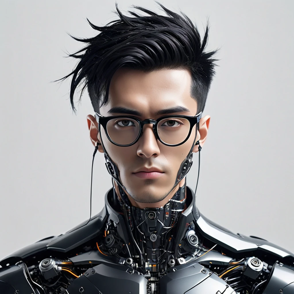 Male robot body hair with black-rimmed glasses with undercut hair, Look to the camera ::futuristic cyberpunk style ,realistic styling ::n_digital painting style, robotic parts, face perfect::seed 1、Black Edged Hair、large nose、Black-based clothing, photo by full body, White background