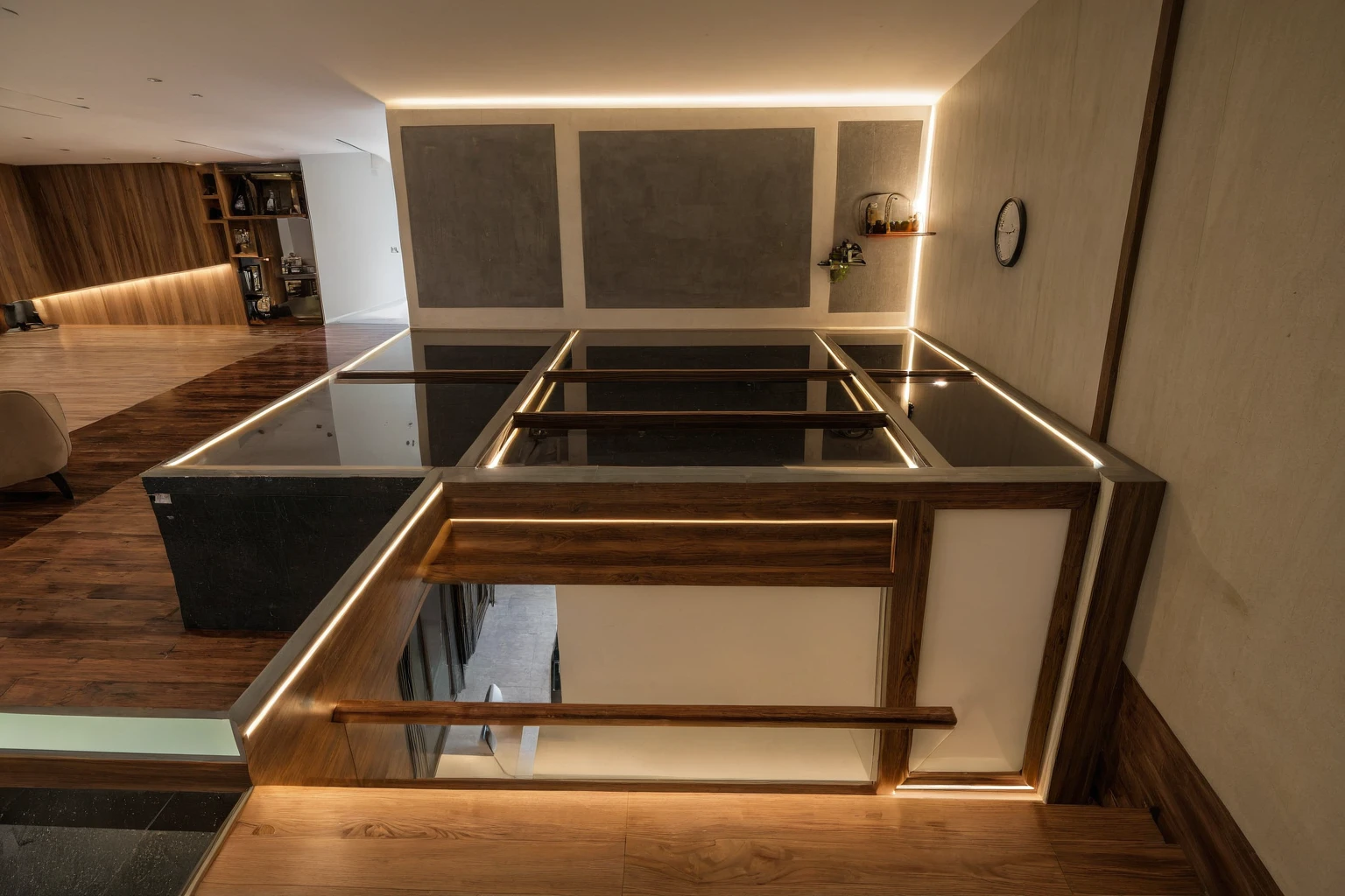 Raw photo, Masterpiece, high quality, best quality, authentic, super detail, interior, indoors, style modern, minimalist line, wooden, dark walnut wood, LED light, white paint wall, LIVING ROOM, PEN HOUSE, wooden window, japan style, wasabi style, Jen style, paint wall, Indochine style, bedroom, melamine wood, child room