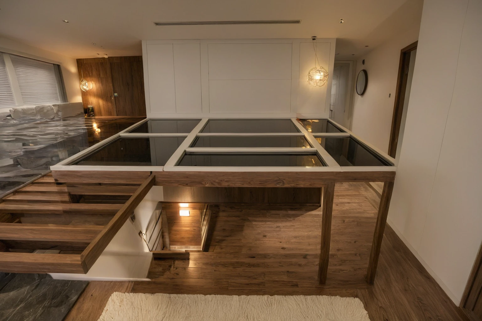 Raw photo, Masterpiece, high quality, best quality, authentic, super detail, interior, indoors, style modern, minimalist line, wooden, dark walnut wood, LED light, white paint wall, LIVING ROOM, PEN HOUSE, wooden window, japan style, wasabi style, Jen style, paint wall, Indochine style, bedroom, melamine wood, child room