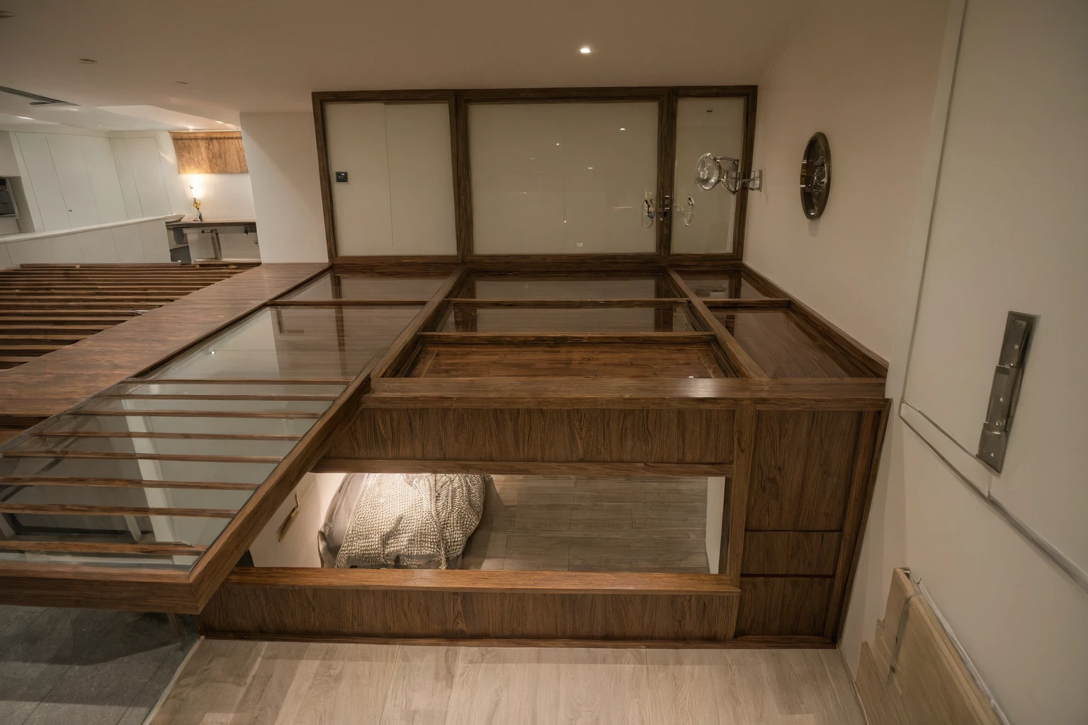 Raw photo, Masterpiece, high quality, best quality, authentic, super detail, interior, indoors, style modern, minimalist line, wooden, dark walnut wood, LED light, white paint wall, LIVING ROOM, PEN HOUSE, wooden window, japan style, wasabi style, Jen style, paint wall, Indochine style, bedroom, melamine wood, child room