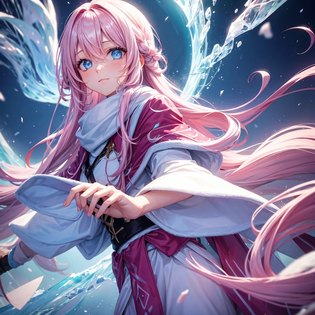  blue-eyed long pink hair in the snow with ice powers