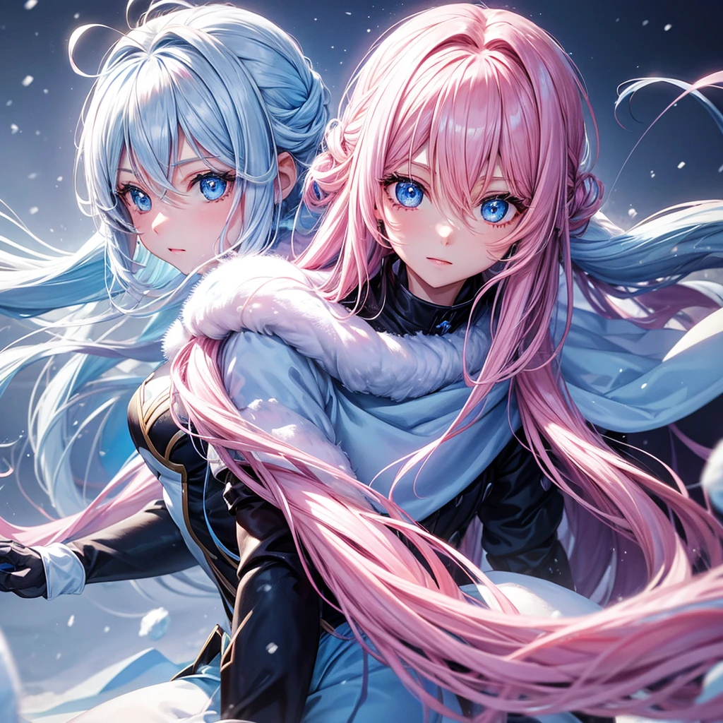  blue-eyed long pink hair in the snow with ice powers