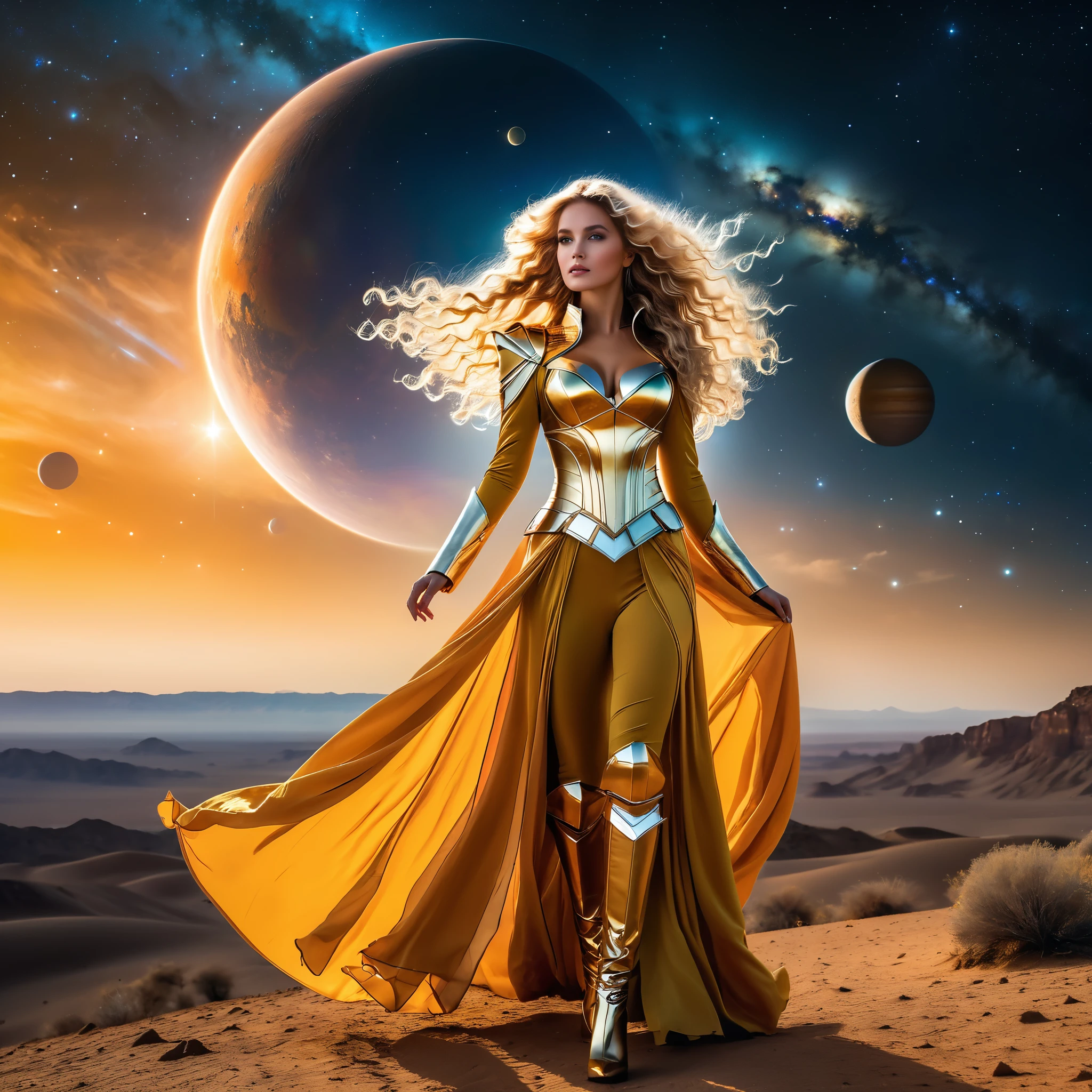 ((fantasy, masterpiece photography, 8K, high degree of detail)) magical atmosphere, mysterious and mysterious. A beautiful blonde with long curly hair in the wind in a magical pilot costume is walking on an uninhabited planet. The costume is made of golden fabric with lots of details, futuristic style. On this uninhabited planet, the sky is a spectacular sight: it is filled with bright colors reflecting the radiance of unusual satellites. These satellites, majestic in size and shape, dot the sky with stars and create amazing landscapes. Spaceships float smoothly between them, leaving behind traces of light and flickering reflections. Their strange shapes and technological design contrast with the beauty and tranquility of this planet, giving it a mysterious and mystical charm. Travelers flying by stop to admire this amazing sight and soak up the magic of this cosmic world.