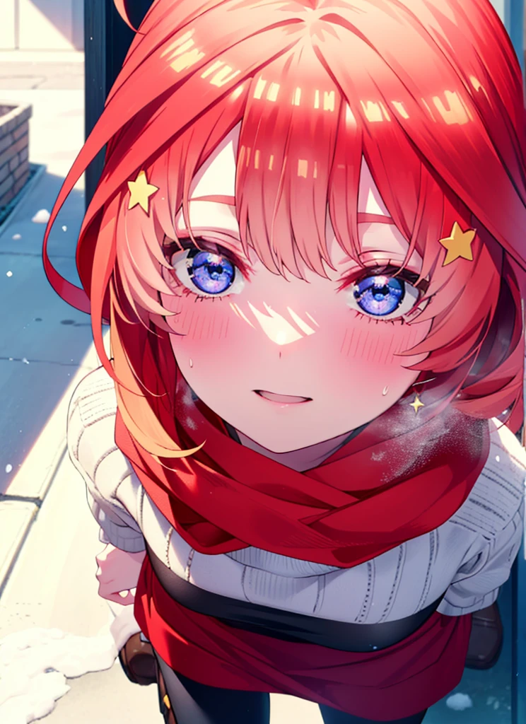 itsukinakano, itsuki nakano, bangs, blue eyes, Hair between the eyes, Ahoge, Redhead, star \(symbol\), hair ornaments, star hair ornaments,smile,Yellow scarf,red coat,White Tokkuri Sweater,Black long skirt,Black pantyhose,short boots,blush,White Breath,Close your mouth,It's snowing,It's snowing,Shirogane World,Walking,whole bodyがイラストに入るように,
break outdoors, Snow Country,Residential Street,
break looking at viewer, whole body,
break (masterpiece:1.2), Highest quality, High resolution, unity 8k wallpaper, (figure:0.8), (Beautiful attention to detail:1.6), Highly detailed face, Perfect lighting, Highly detailed CG, (Perfect hands, Perfect Anatomy),