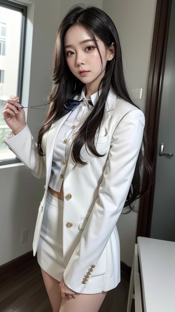 woman, Short pencil skirt, รัดtight, white, เสื้อsuitรัดtight, (สาวสวยTwo meter long hair, my hair is very long., extra long hair, long black hair), (suitสไตล์อิตาลี, suitสองปุ่ม), (Italian suit, white suit, Set of two buttons), (ใส่suitwoman, Business woman'suit, white), (suitwomanwhite), (เสื้อเชิ้ตwhite), necktie, (necktieสั้นสีดำ, necktieสีดำ, necktieผอม, ถักnecktie), (military rank insignia), (Short pencil skirtwhite), (Dynamic posts), full body, (A gigantic rift), (big breasts, thin body, small waist, hips raised, small thighs, Long legs), high-heelsสีดำ, (Short pencil skirt, white), Wearing a suit for a business woman, (Wearing a white businessuit, suitนักธุรกิจหญิงwhite), (tight, military regalia, เสื้อwhite, กระโปรงwhite), (black shoes), (Two gold suit buttons, Two meter long hair, suitเข้ารูป, เสื้อsuitwhiteทรงธรรมดารัดรูป), (black shoes, high-heels), (stand, walk, elegant gesture, Dynamic posts), short dress, earring, garden, monument