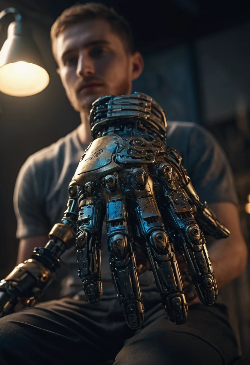 A disabled person using a prosthetic hand, highly detailed, photorealistic, cinematic lighting, stunning details, digital art, masterpiece, 8k, ultra-detailed, hyper-realistic, intricate details, dramatic lighting, incredible realism, seamless blend of organic and mechanical, captivating expression, striking pose, natural skin textures, delicate prosthetic design, atmospheric environment, cinematic composition, vibrant colors, dramatic shadows, depth of field, sharp focus, incredible craftsmanship