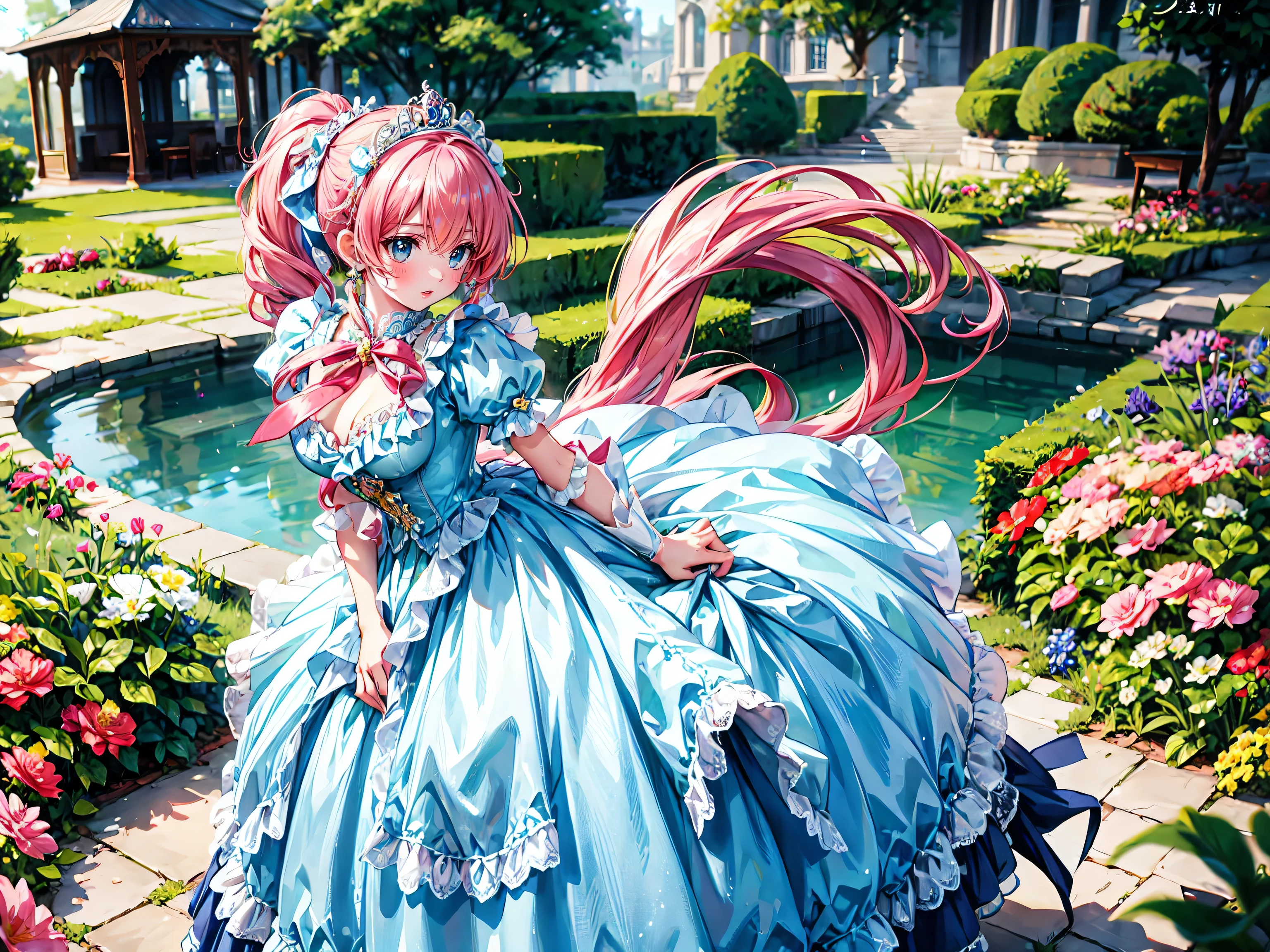 anime moe art style, (Masterpiece, ultra detailed, top quality), (((young face solo princess))), (dress aquamarine dress), (((ultra gorgeous rococo victorian gown with voluminous hoopskirt and long hems, princess style skirt, gown ultra elaborate gown))), ((huge breasts)), breasts cleavage, (hair pink hair), (fluffy long ponytail), Expressive very voluminous hair, super delicate face, (hyper detail delicate beautiful eyes blue eyes), ((leaning forward, looking up, from above, front view)), (So lot's of colorful flowers), (((blurry background))),