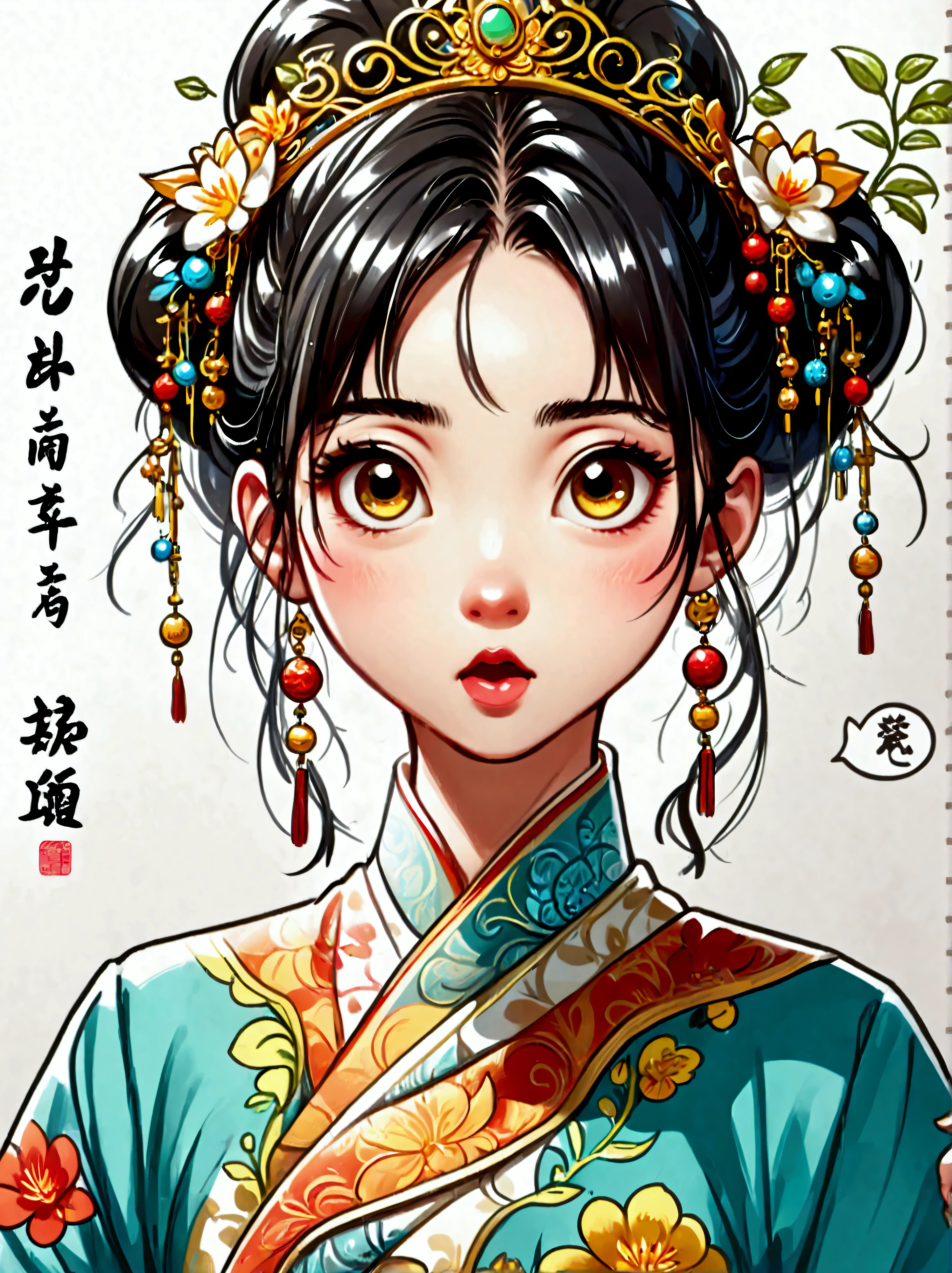 Cute and humorous Q version Chinese girl，big eyes，bust，sticker，6 different facial expressions，expression board，Various poses and expressions，Anthropomorphic style，Ancient and classic style，Showing a variety of emotions，Cartoon illustration，Vector illustration, (Nine Palace Grid Layout: 1.5)，(White background:1.5)，Clear outline，Perfect details，Clear boundaries，No crossover